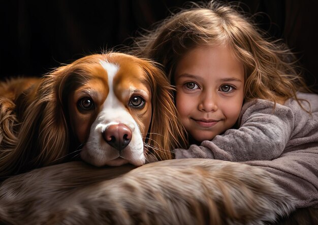 Portret van een schattig klein meisje met haar hond op het bed.