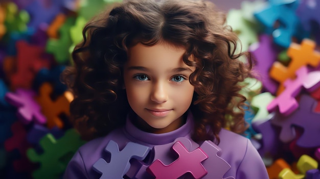 Portret van een schattig klein meisje met krullend haar en puzzelstukjes