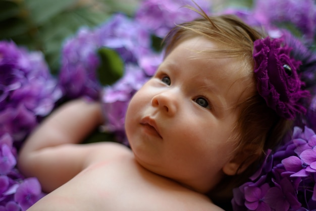 Portret van een schattig klein meisje (zes maanden oud). Baby ligt in de kleuren van paarse hortensia