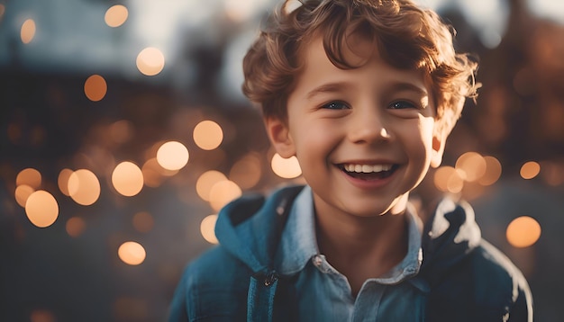 Foto portret van een schattig kleine jongen op een achtergrond van kerstverlichting