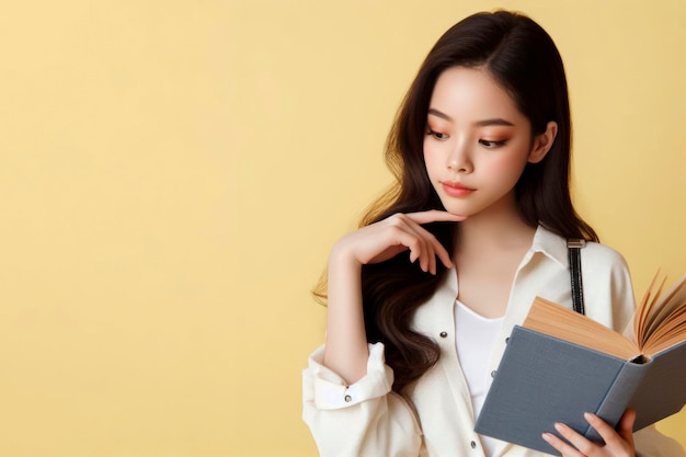 Portret van een schattig meisje, een student die aan het nadenken is en een groot boek vasthoudt.