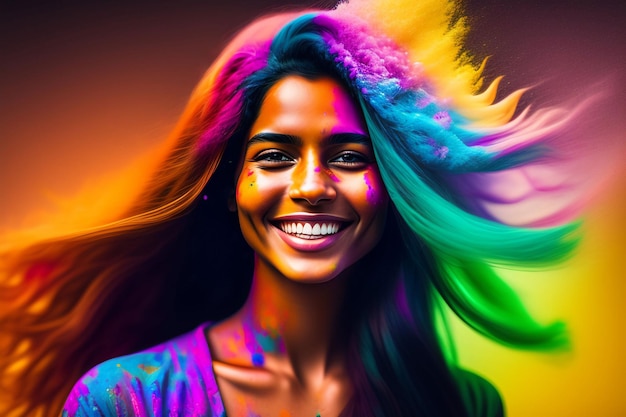 Portret van een schattig meisje geschilderd in de kleuren van het Holi-festival