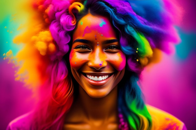 Portret van een schattig meisje geschilderd in de kleuren van het Holi-festival