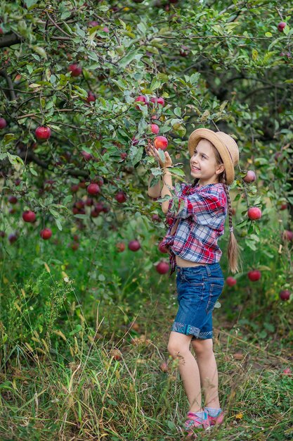 Portret van een schattig meisje in een boerderijtuin met een rode appel Herfstoogst van appels