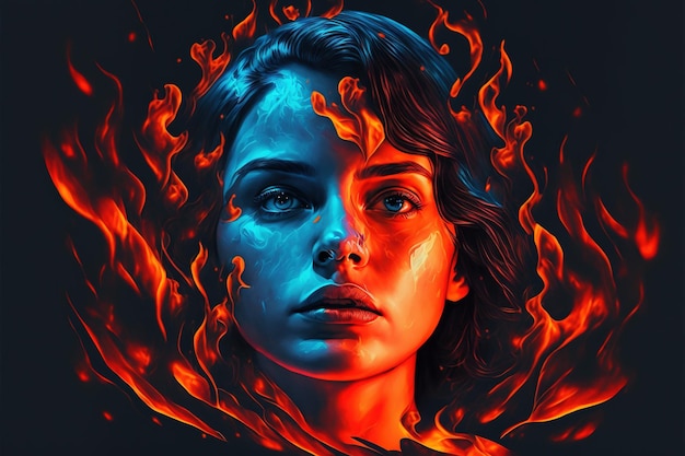 Portret van een schattig meisje in het vuur Brandend meisje in de vlam Digitale kunststijl illustratie schilderij van een vrouw in het vuur