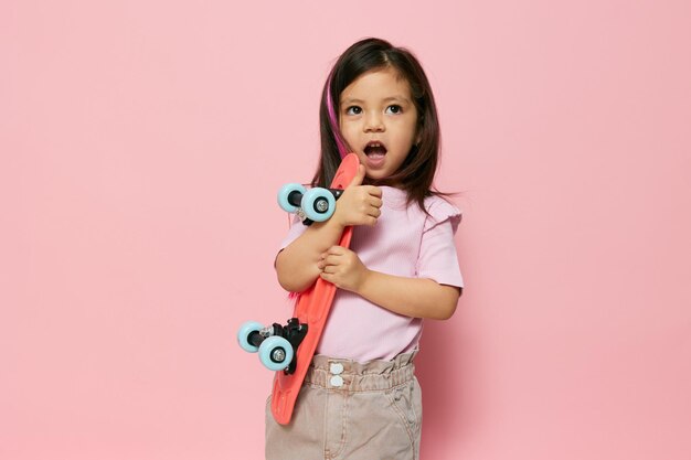 Foto portret van een schattig meisje met speelgoed op een roze achtergrond