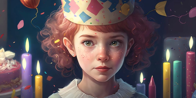 Portret van een schattig meisje op zijn verjaardagsfeestje met feestmuts en heeft een wilde cake met kaarsen met een feestmuts, ballonnen en confetti