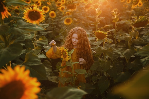 Portret van een schattig roodharig meisje in een gele jurk in een veld met zonnebloemen bij zonsondergang