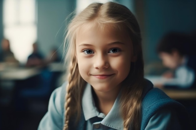 Portret van een schattig schoolmeisje dat aan een bureau zit en generatieve ai glimlacht