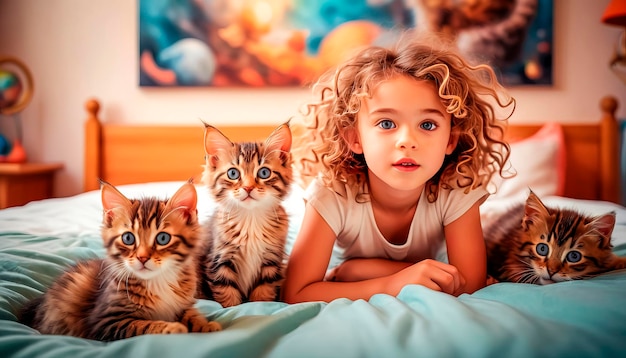 Portret van een schattig touchend baby meisje met katten op het bed Mooi meisje met huisdieren