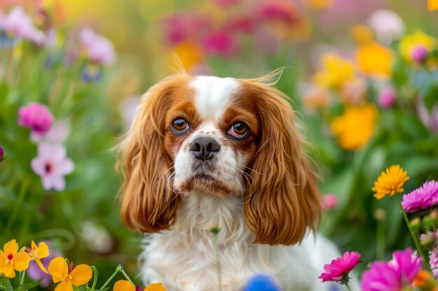 Portret van een schattige Cavalier King Charles Spaniel tussen levendige voorjaarsbloemen in een bloei