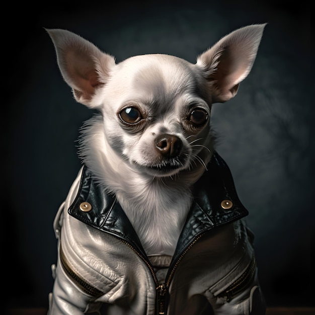 Portret van een schattige chihuahua hond in leren jas