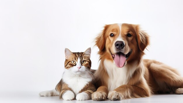 Foto portret van een schattige harige hond en kat die naar de camera kijken op een witte achtergrond