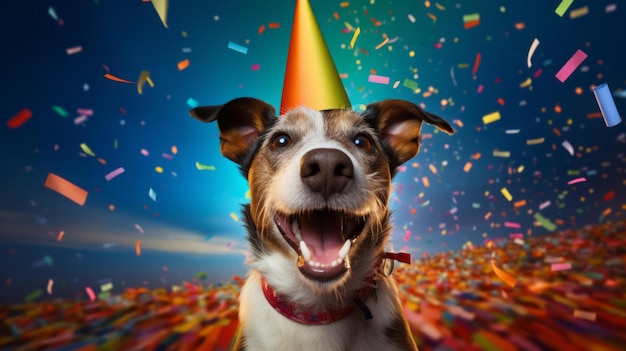 Portret van een schattige hond met een feestmuts voor verjaardagsviering