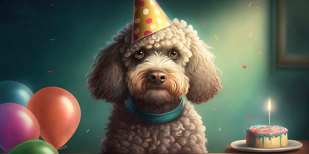 Foto portret van een schattige hond op zijn verjaardagsfeestje met een verjaardagshoed verjaardagsfeestje met confetti en kleurrijke ballonnen aigenerated
