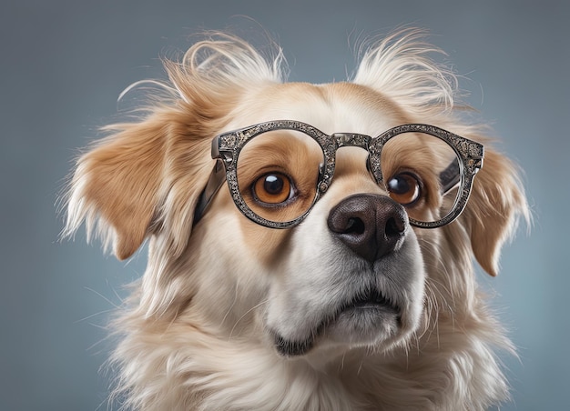 portret van een schattige hond van gemengd ras met een bril en een vlinderdas Portret van een schattige gemengde hond