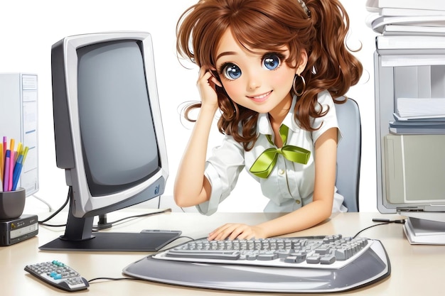 Portret van een schattige jonge zakenvrouw die aan haar bureau zit in het kantoor