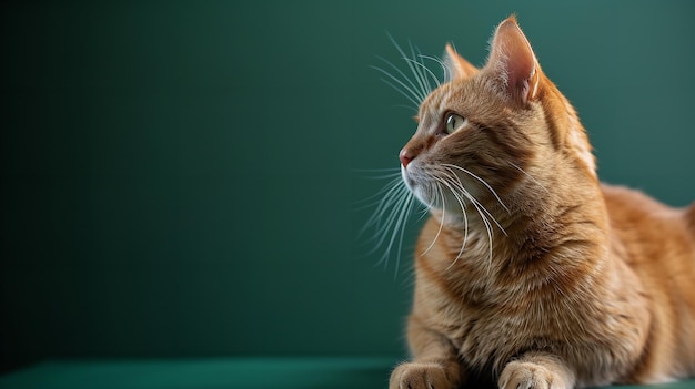 Portret van een schattige kat die tegen een schoon groen oppervlak zit met ruimte voor tekst of product Generatieve AI