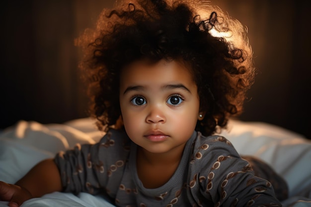 Portret van een schattige kleine Afro-Amerikaanse baby die naar de camera kijkt terwijl hij thuis in bed ligt
