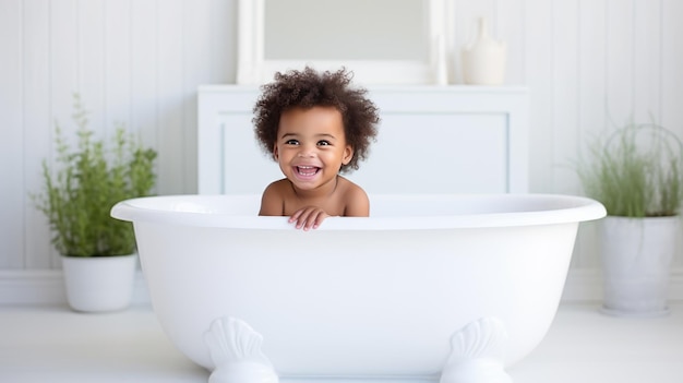 Portret van een schattige kleine Afro-Amerikaanse baby in bad De baby gaat in bad