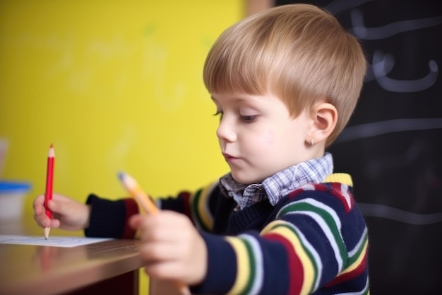 Portret van een schattige kleine jongen die op een bord op school tekent, gemaakt met generatieve AI