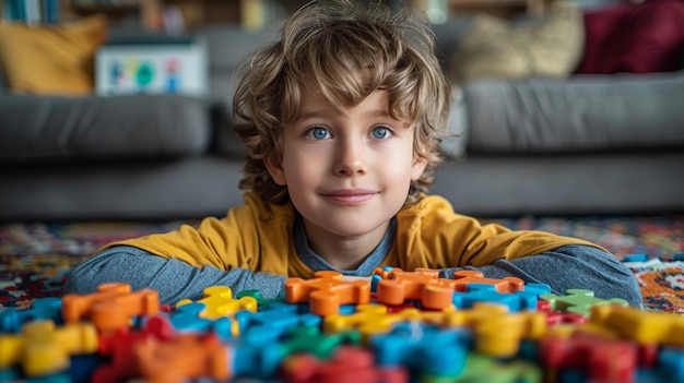 Portret van een schattige kleine jongen die thuis met kleurrijke puzzelstukken voor autisme speelt