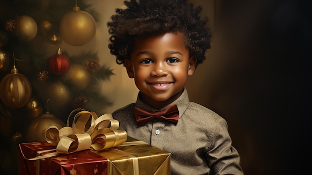 Portret van een schattige kleine zwarte jongen met een geschenkdoos