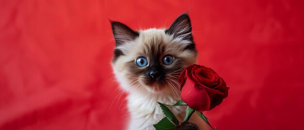 Foto portret van een schattige ragdoll kat met een rode roos op een rode achtergrond in de studio