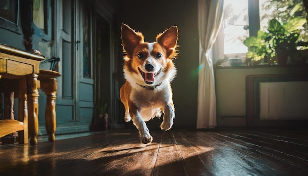 Portret van een schattige rode Welsh corgi hond die in de kamer springt
