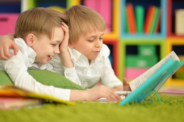 Portret van een schattige twee jongens die huiswerk maken