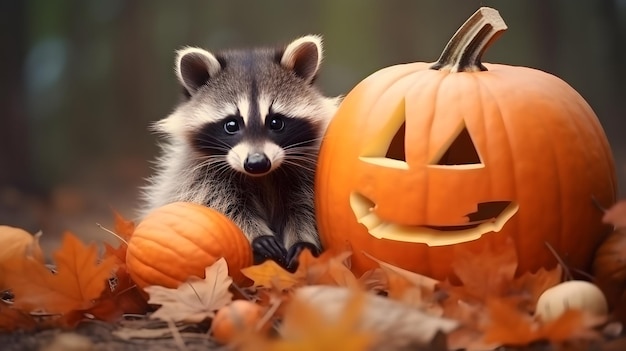 Portret van een schattige wasbeerdier halloween pompoen en herfstbladeren in de jungle