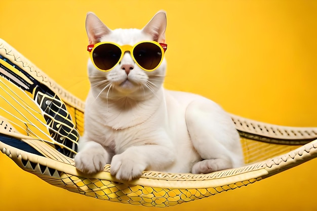 portret van een schattige witte kat in zonnebril en een shirt ligt op een stoffen hangmat geïsoleerd