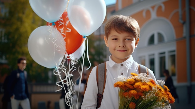 Portret van een schooljongen met een boeket bloemen en ballonnen