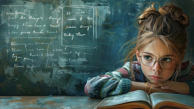 Portret van een schoolmeisje dat aan een bureau zit voor een bord met formules