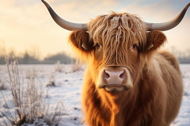 Portret van een Schotse hooglandkoe bij zonsondergang in de winter