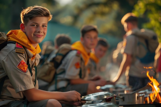 Portret van een scout kijk op een vertegenwoordiger van de scoutbeweging die de principes van vriendelijkheid, uithoudingsvermogen en solidariteit belichaamt door zijn persoonlijkheidskenmerken en de geest van de scoutsdienst