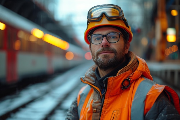 Portret van een senior ingenieur in een harde hoed op de spoorweg