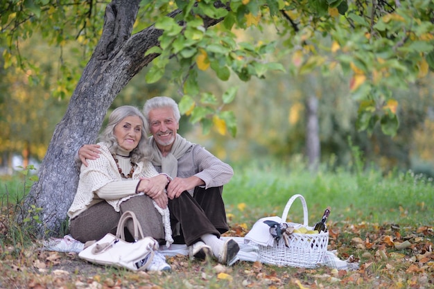 Portret van een senior koppel dat buiten picknickt