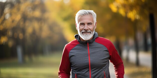 Portret van een senior man in fitnesskleding die in een park loopt