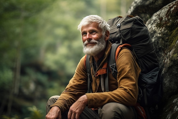 Portret van een senior man met rugzak die rust vindt langs de weg Genative door Ai