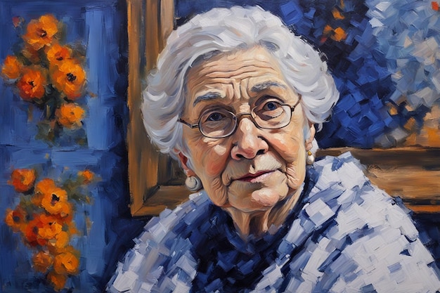 portret van een senior vrouw in wit blauwe lijnen mat schilderij digitale kunst