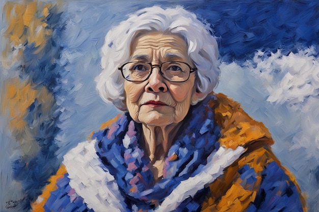 portret van een senior vrouw in wit blauwe lijnen mat schilderij digitale kunst