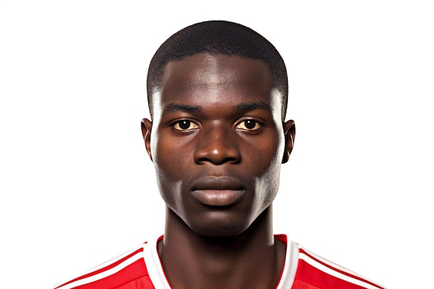Portret van een serieuze voetballer die naar de camera kijkt op een witte achtergrond