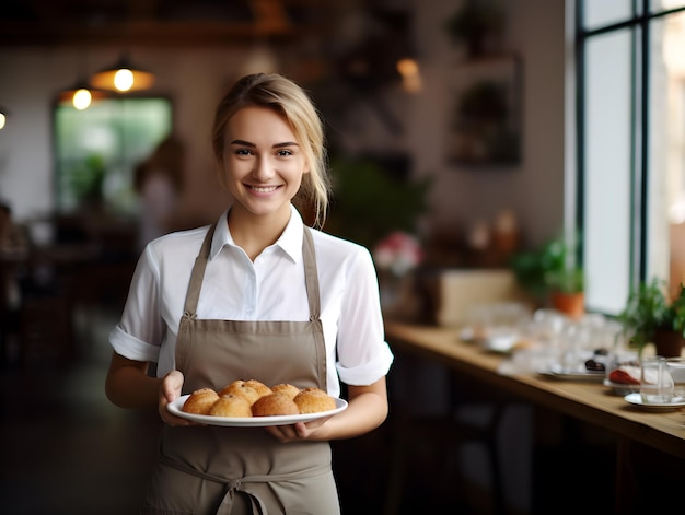 Portret van een serveerster die eten serveert aan klanten in een bar-restaurant