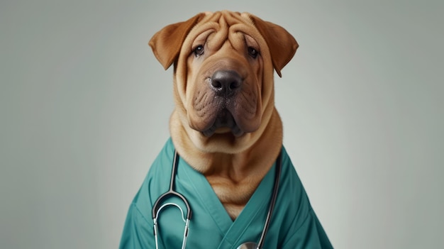 Portret van een shar pei hond gekleed in medische scrubs