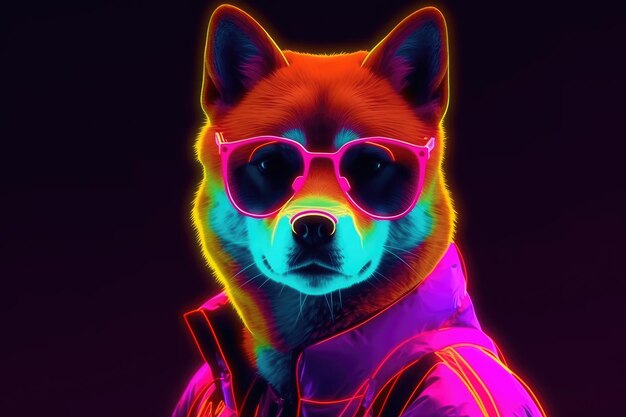 Portret van een Shiba Inu-hond in een neongloed