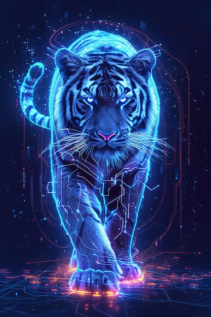 Portret van een Siberische tijger met gloeiende neonstrepen Cybernetische staart Enh Cyber Poster Banner Flyer
