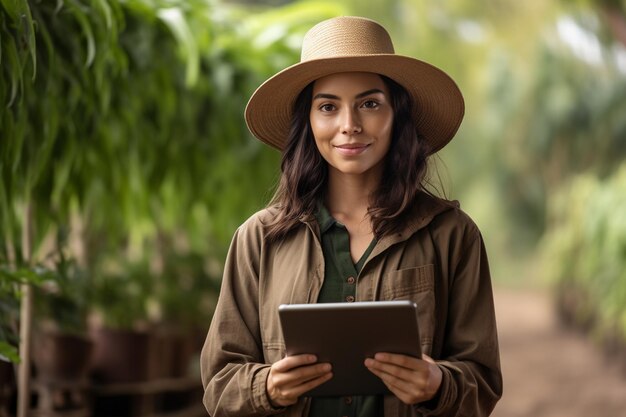 Portret van een slimme boerin met een tablet Generatief door Ai