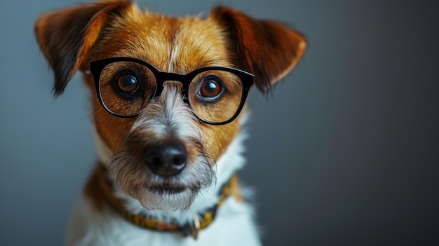 Portret van een slimme grappige Jack Russell Terrier hond met een bril op een grijze achtergrond met kopie ruimte huisdier kijkt naar de camera
