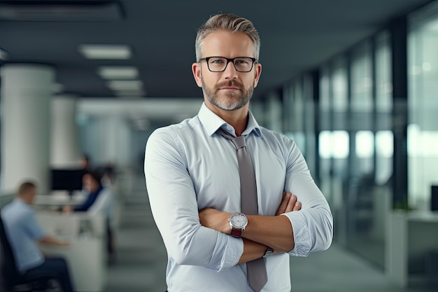 Portret van een slimme zakenman die poseert in een kantoor met zelfverzekerde werkende generatieve Ai